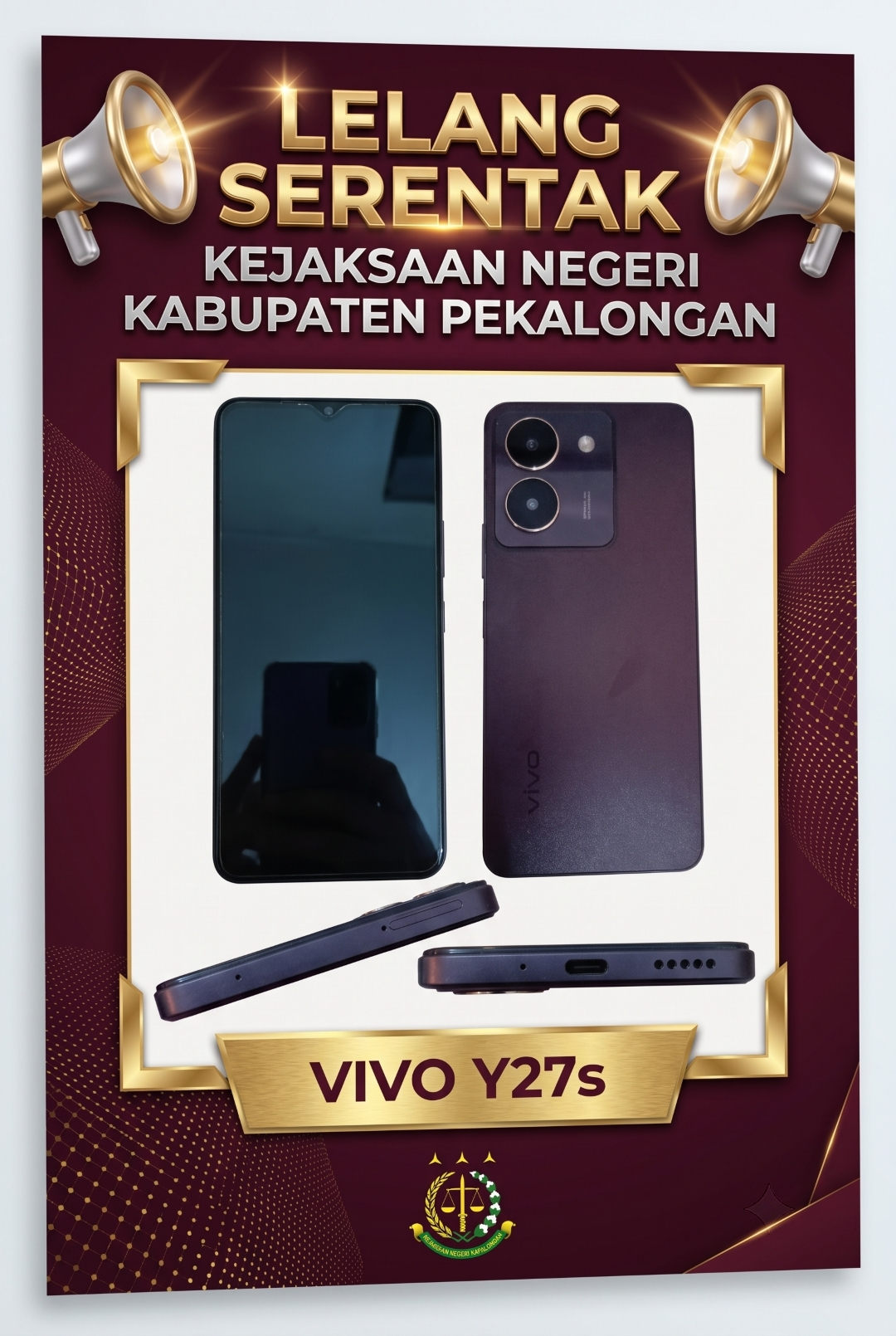 1 (satu) buah Handphone merek VIVO Y27s Warna Coklat dengan No. SimCard terpasang: 0858 76958 6987, No. Imei 1: 8637 5907 9924 376; No.Imei 2: 8637 590 7992 4368