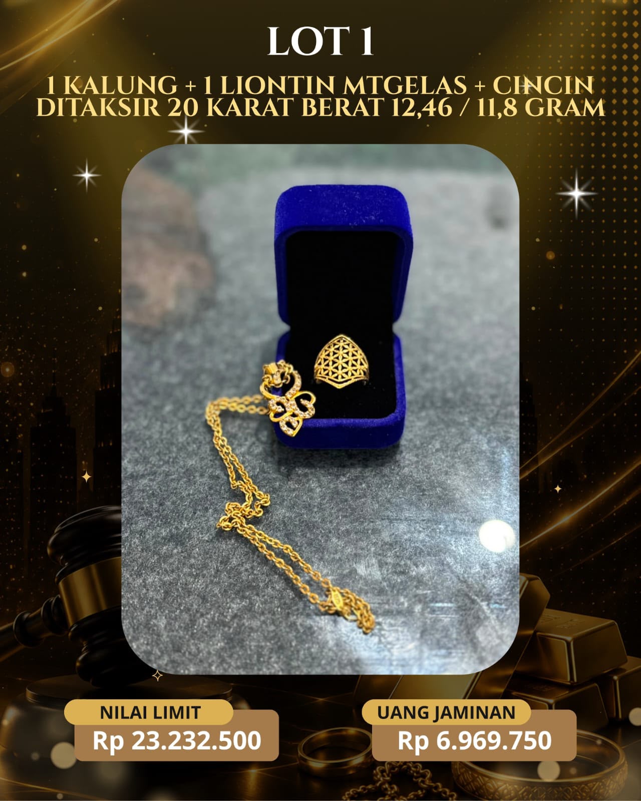 1 KALUNG + 1 LIONTIN MTGELAS + CINCIN DITAKSIR 20 KARAT BERAT 12,46 / 11,8 GRAM