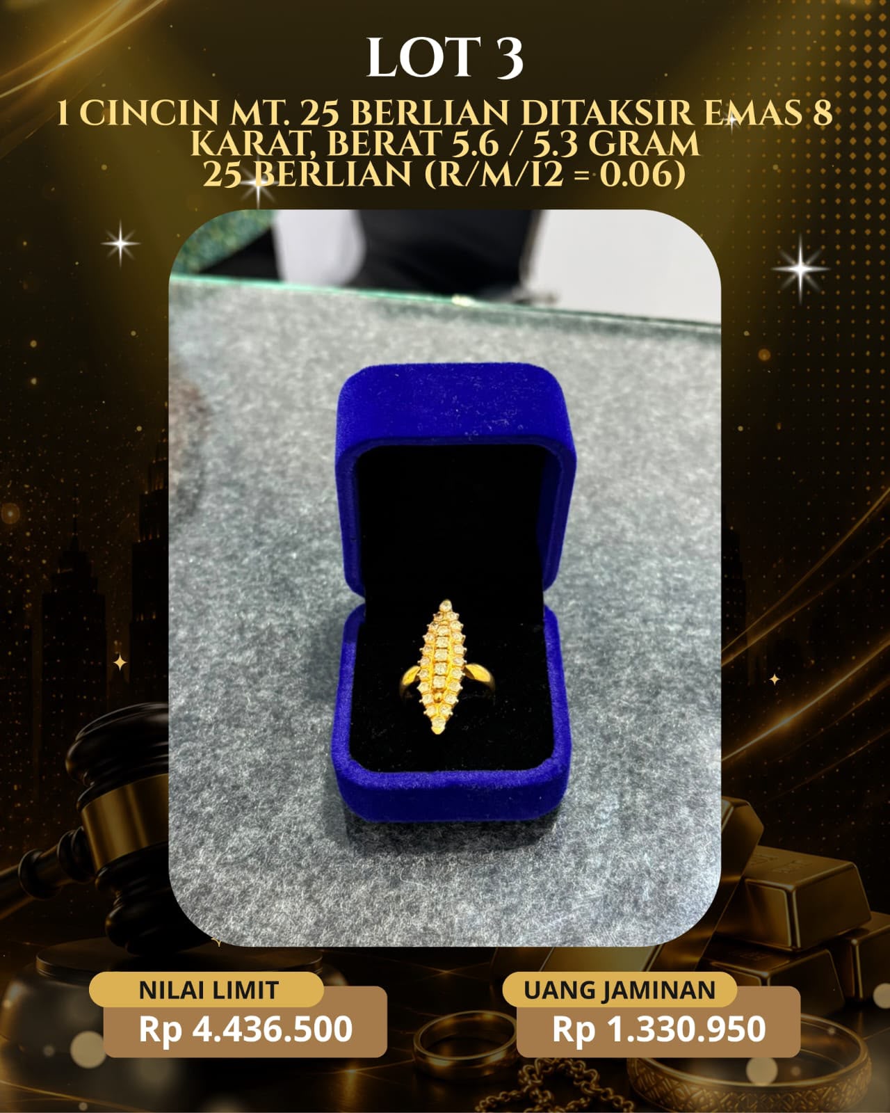 1 CINCIN MT.25 BERLIAN DITAKSIR EMAS 8 KARAT, BERAT 5.6 / 5.3 GRAM 25 BERLIAN (R/M/12 = 0.06)
