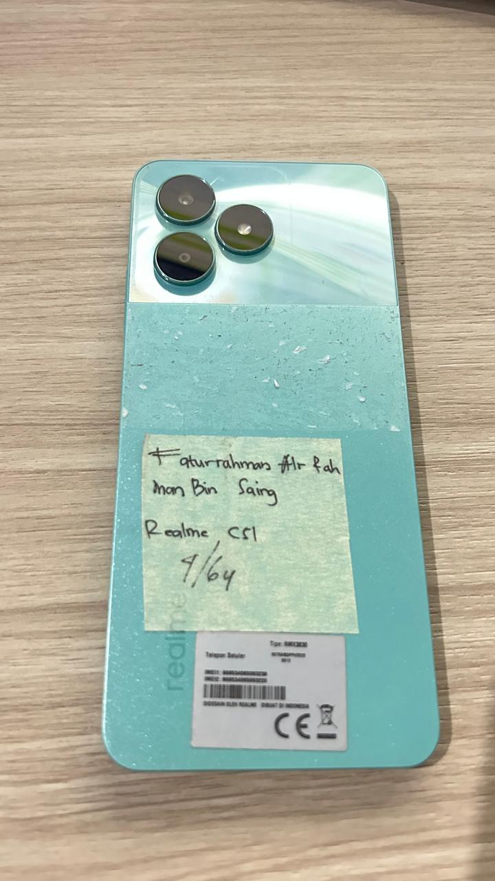 1 (satu) unit Handphone Realme C51 Warna Hijau dengan Imei 1 868534065093238 dan Imei 2 86853434065093220