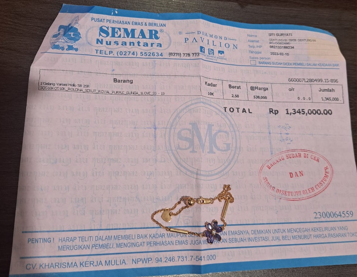 1 (satu) buah gelang seberat 2.50gram