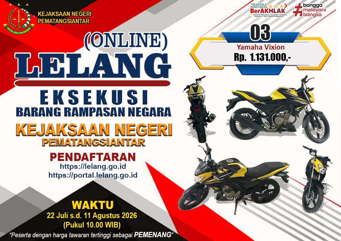 1 (satu) unit Sepeda Motor Yamaha Vixion tanpa nomor polisi, Nomor Rangka MH3RG4610KK108966, Nomor Mesin G3E7E0486657