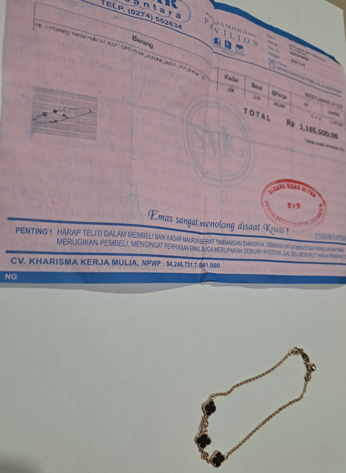 1 (satu) buah gelang seberat 2.10gram beserta nota pembelian Toko Emas & Perhiasan Semar Nusantara