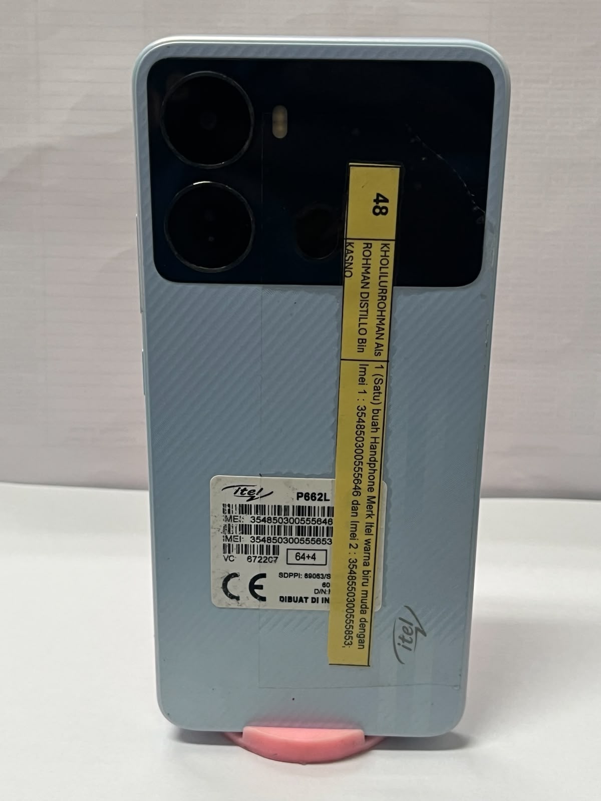 1 (satu) buah Handphone Merk Itel warna biru muda dengan Imei 1 : 354850300555646 dan Imei 2 : 3548550300555853;