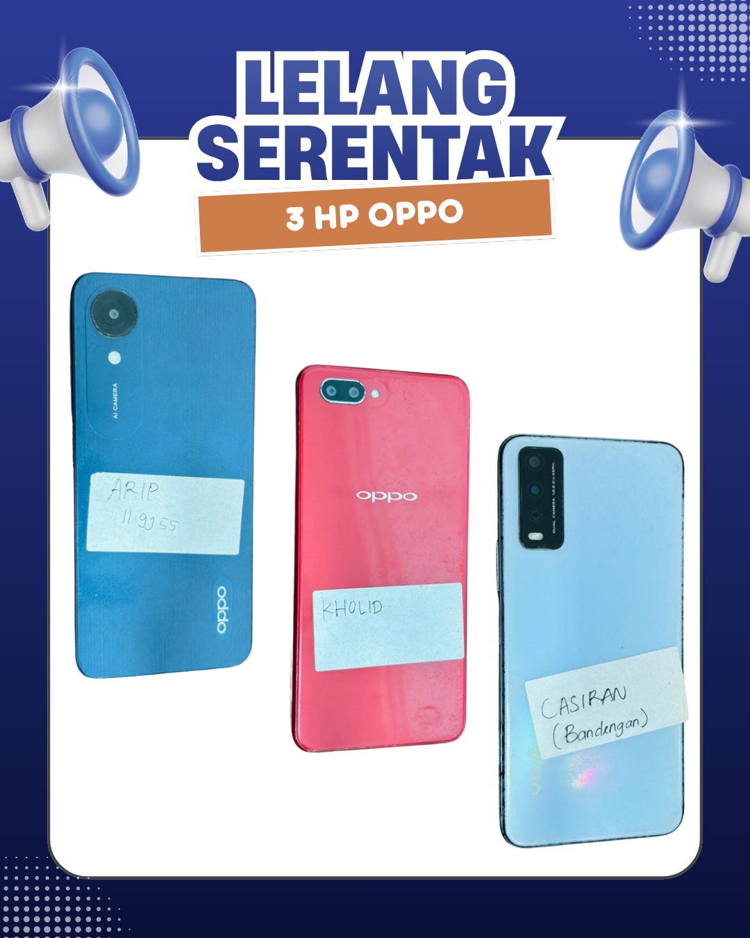 3 (tiga) unit handphone merk Oppo warna biru dongker dan merah serta merk Vivo warna abu-abu