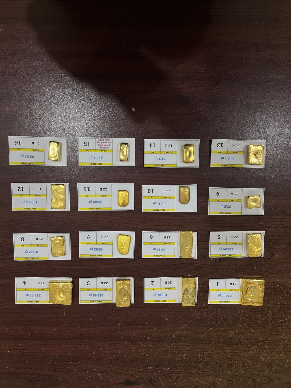 16 emas kepingan dengan total berat sejumlah 1.719,72 gram