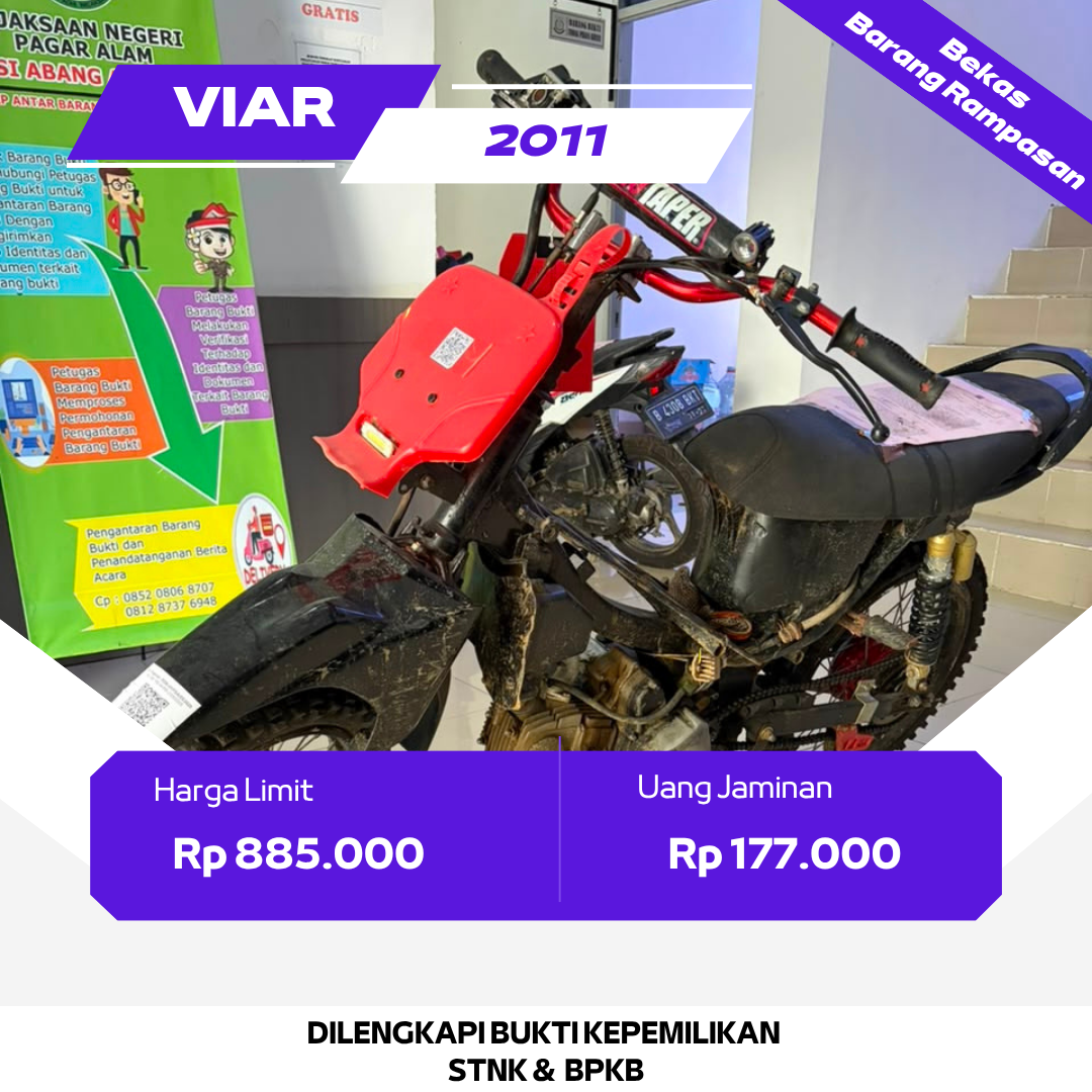 1 (SATU) UNIT SEPEDA MOTOR MERK VIAR WARNA HITAM TANPA PLAT NOMOR POLISI NO MESIN YX150FMG11030180 NO RANGKA MF3VR10BBBL028994