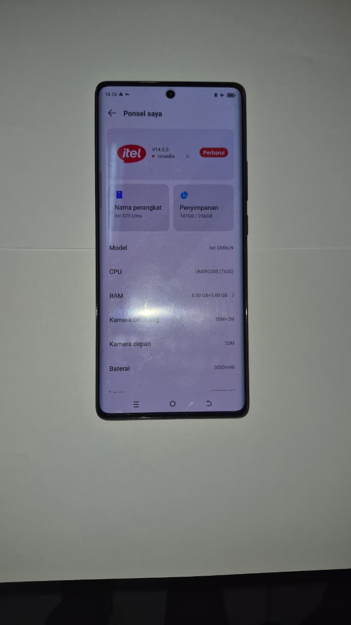 Handphone ITEL S25 Ultra wama Abu dengan IMEI 1 354756790055361 dan IMEI 2 354756790055379