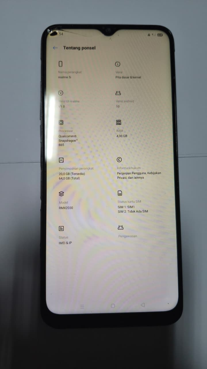 Handphone Realme 5i warna Abu dengan IMEI 1 866999043584792 dan IMEI 866999043584784