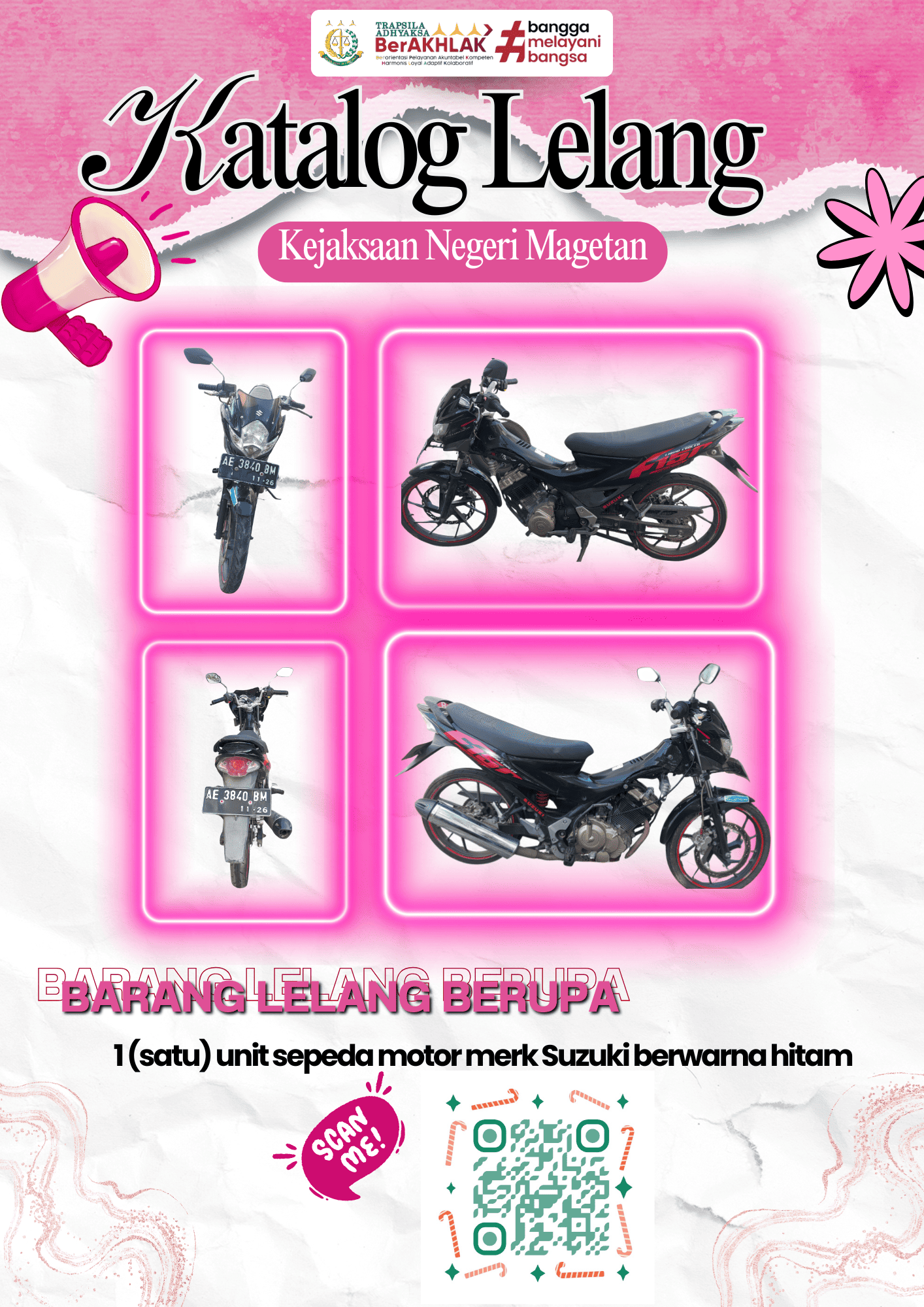 sepeda motor merk SUZUKI berwarna hitam dengan Nopol AE 3840 BM